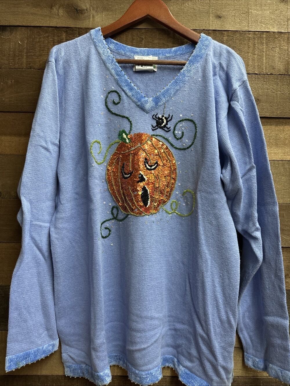 Quacker Factory NWT Blue Halloween Pumpkin Sequin V-Neck Pullover Sweater XL